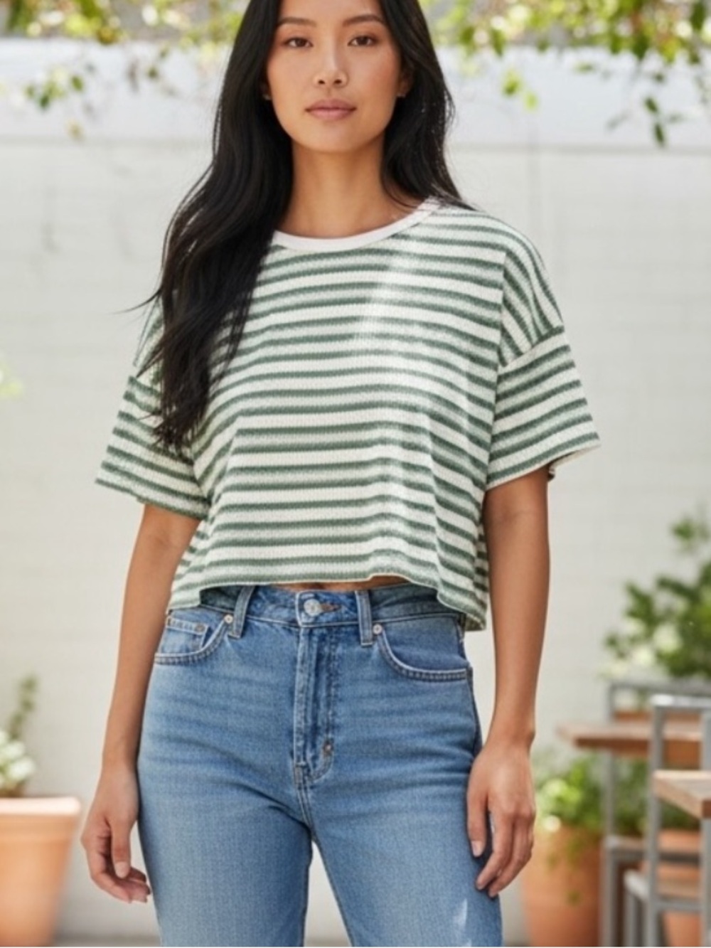 SO Green and White Striped Knit Cropped Top